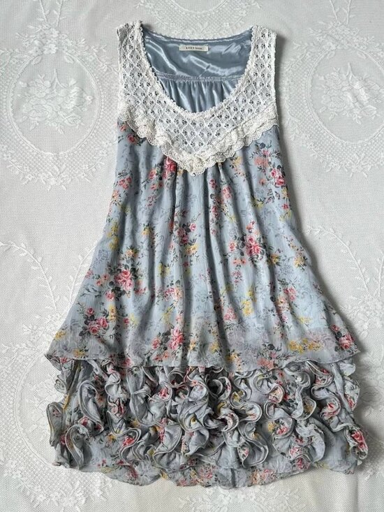 Dresses & Skirts - Vintage Floral Print Lace Collar Babydoll Tunic Top Mini Dress Cottagecore Roman